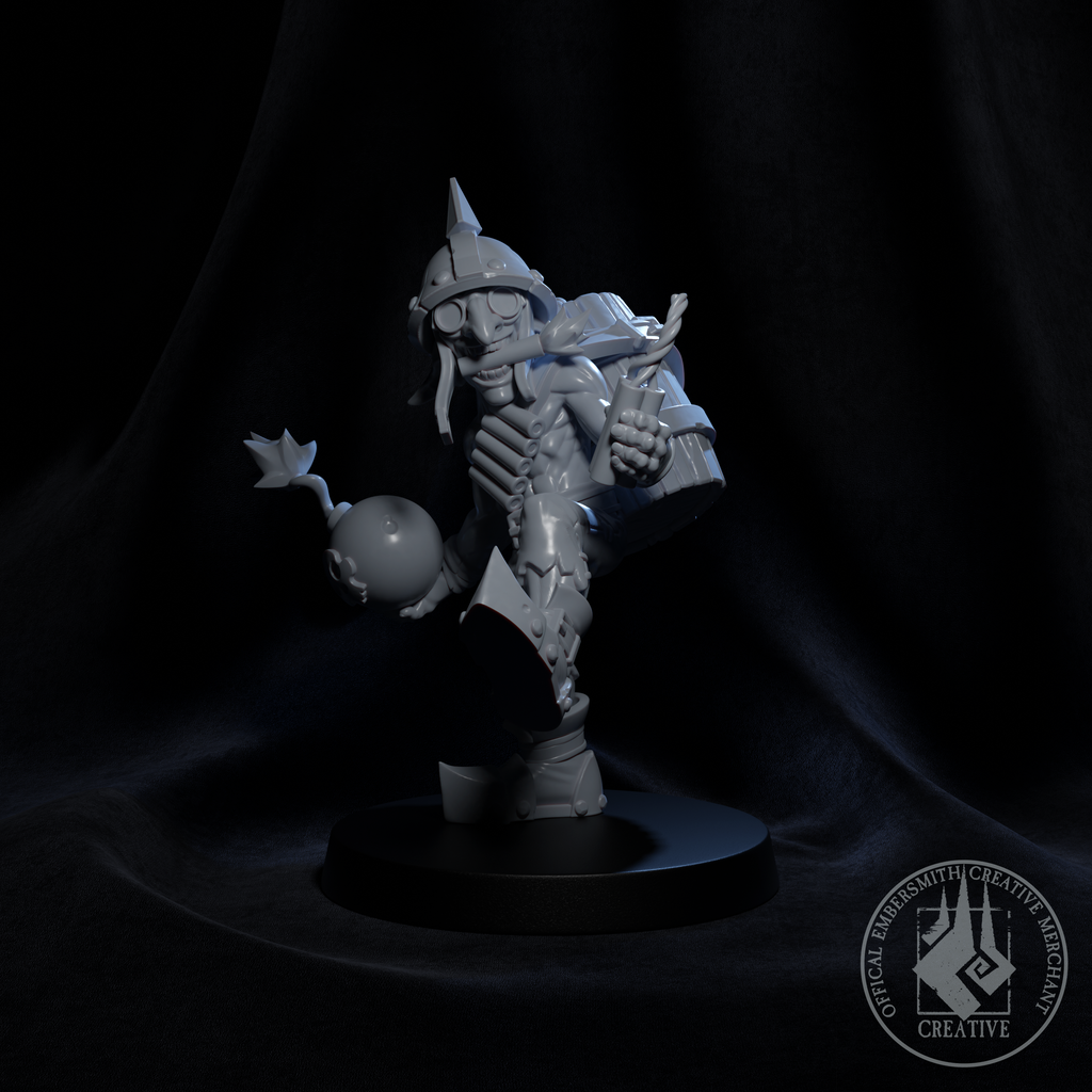 Resin Pyrotechnics Goblin Miniature, 3D Render, Front View.