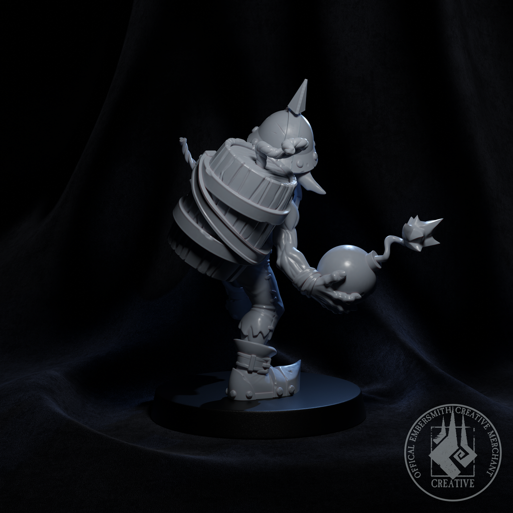 Resin Pyrotechnics Goblin Miniature, 3D Render, Back View.