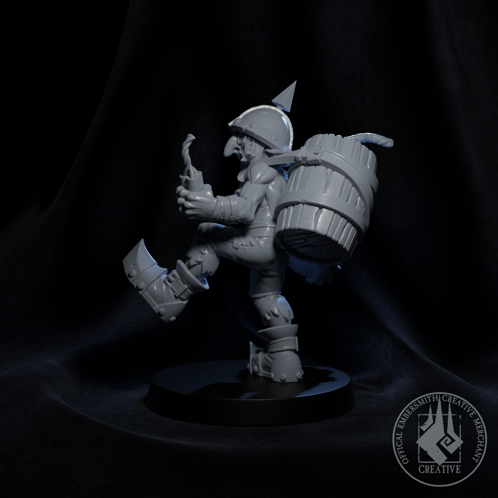 Resin Pyrotechnics Goblin Miniature, 3D Render, Side View Facing Left.