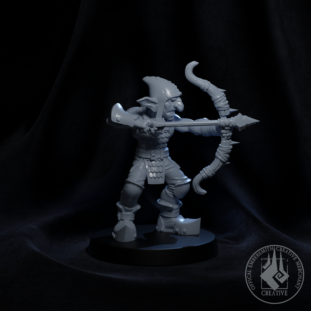 Resin Goblin Archer Miniature (Pose 4), 3D Render, Front View.