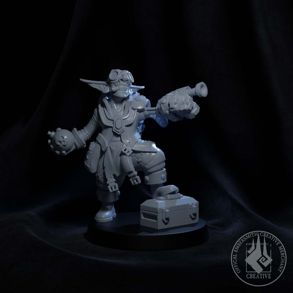 Resin Goblin Artificer Miniature, No Flame, 3D render, Front View Facing Right.