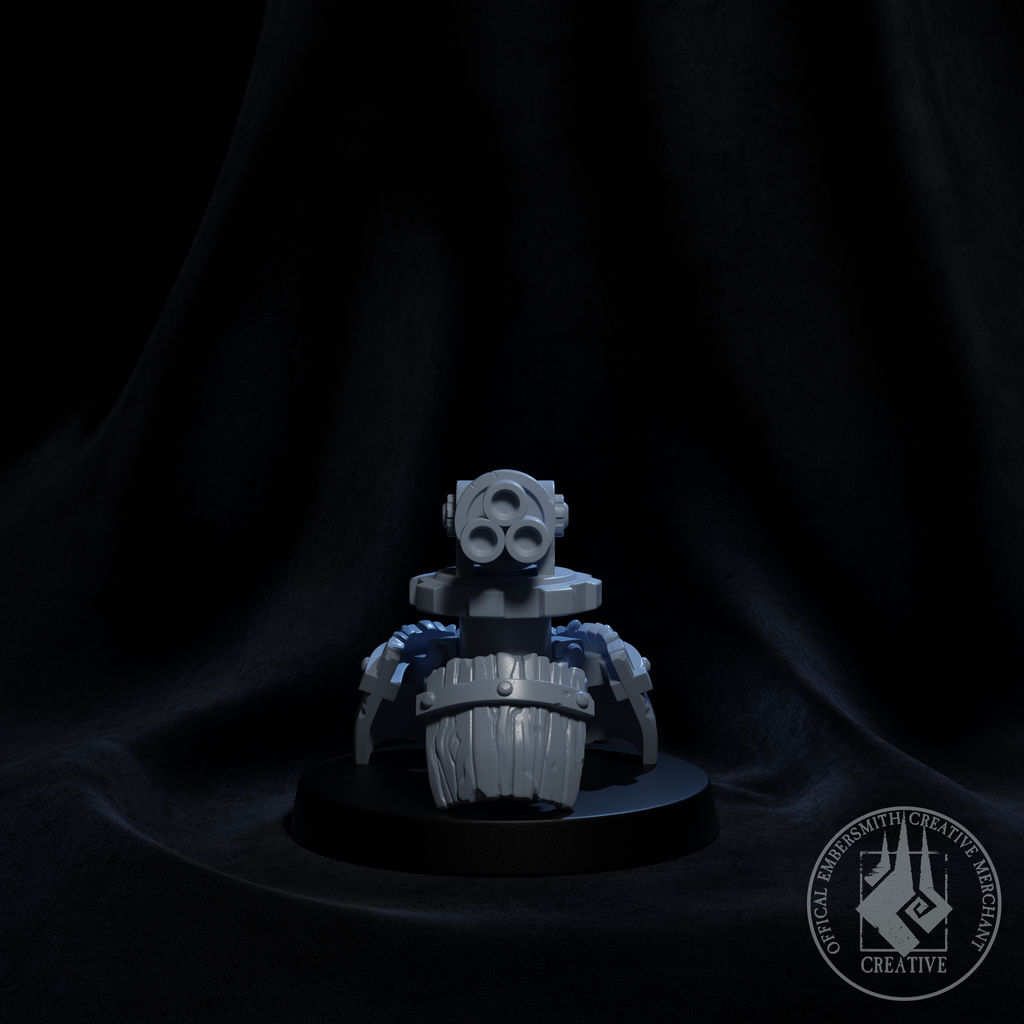 Resin Goblin Artificer Turret Miniature, 3D render, Front View.