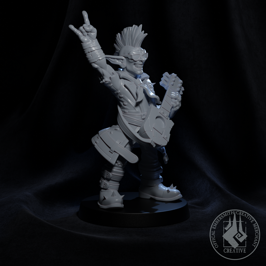 Resin Goblin Bard Miniature, 3D Render, Side View Facing Right.