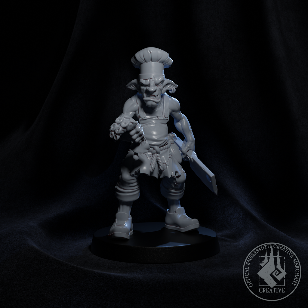 Resin Goblin Chef Miniature, 3D render, Front view.