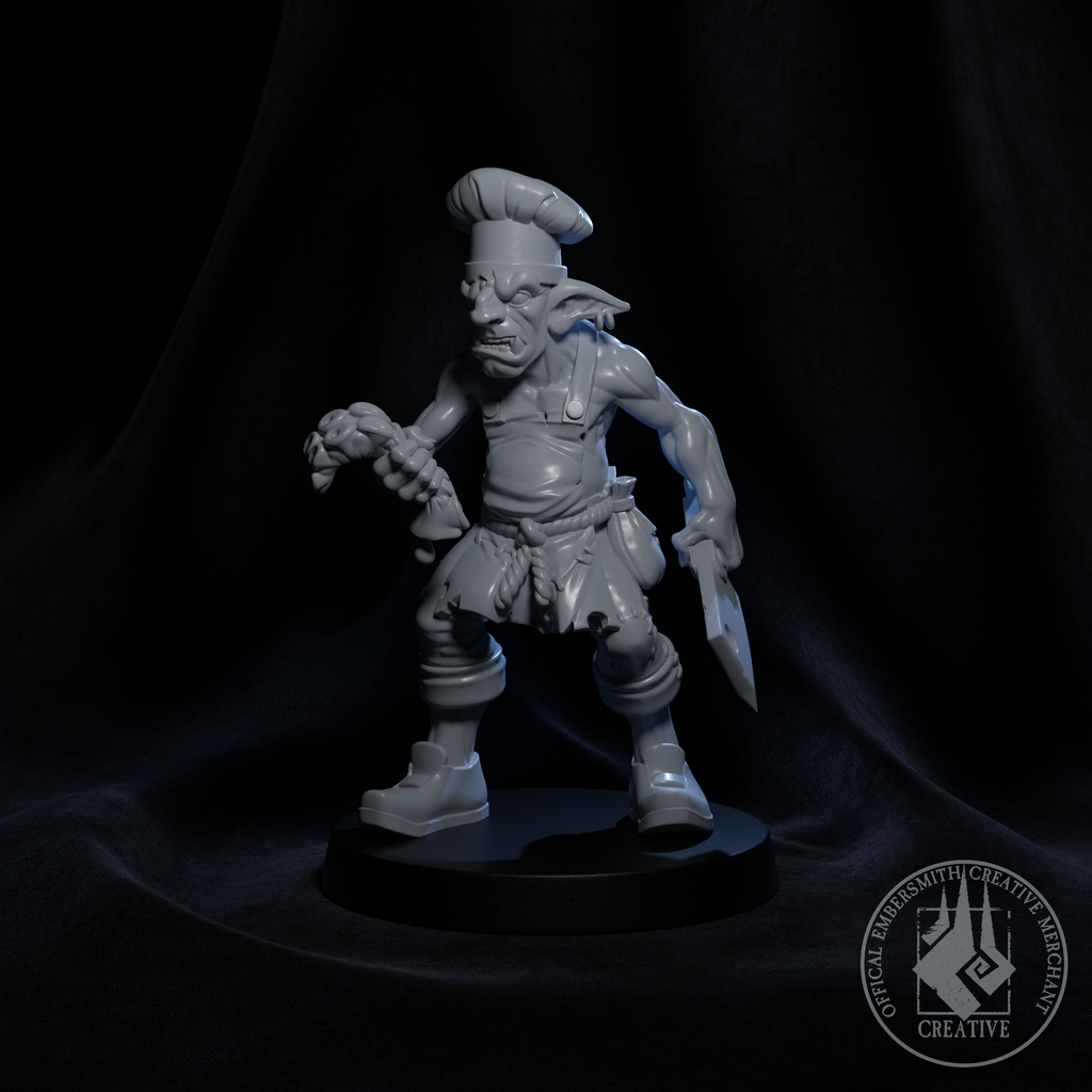 Resin Goblin Chef Miniature, 3D render, side view.
