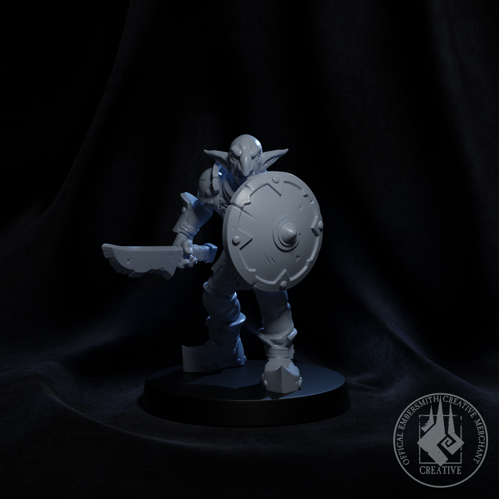 Resin Goblin Defender Miniature (Pose 1), 3D Render, Front View. 