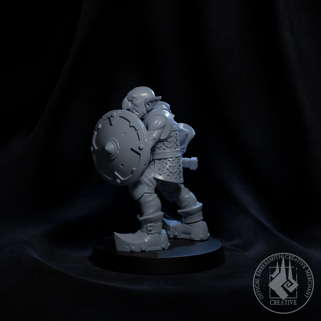 Resin Goblin Defender Miniature (Pose 1), 3D Render, Side View Facing Left. 