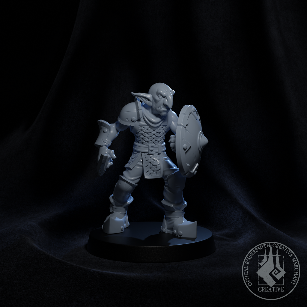 Resin Goblin Defender Miniature (Pose 1), 3D Render, Front View.