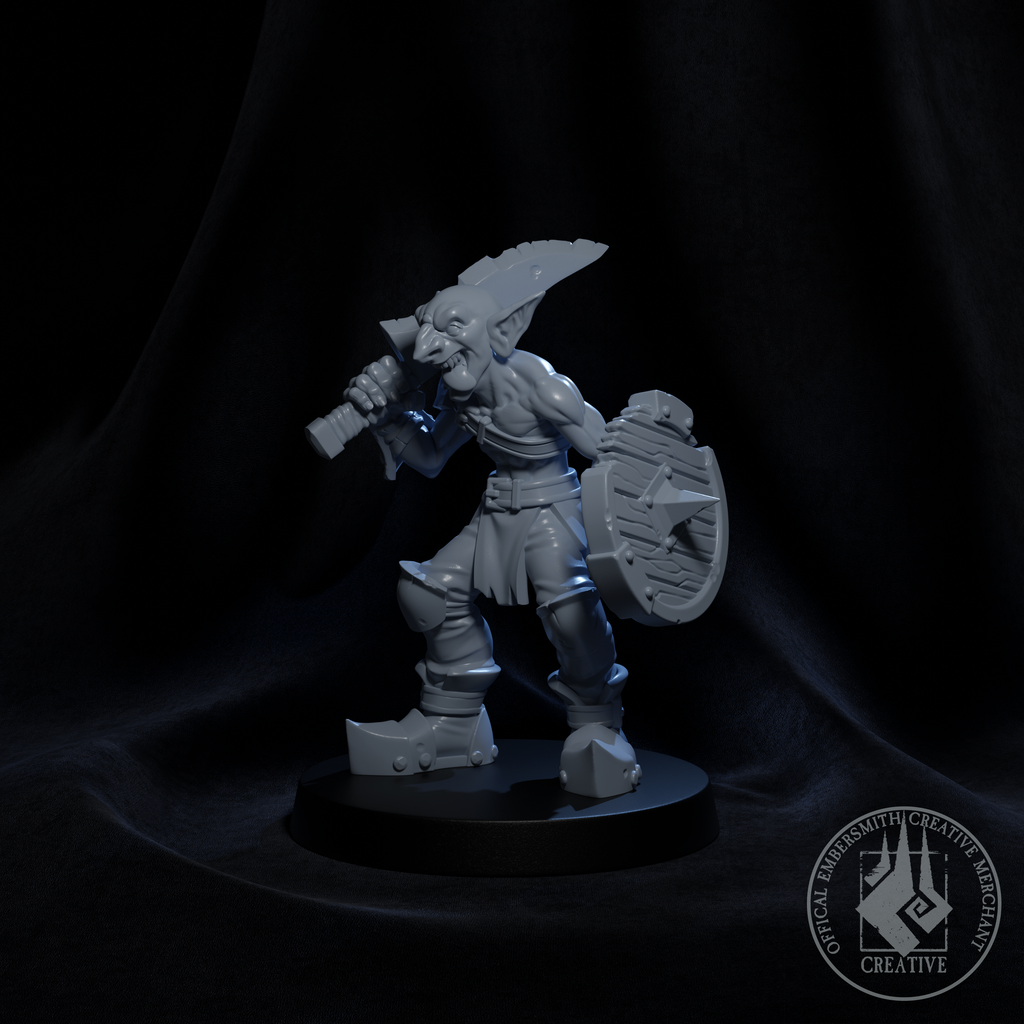 Resin Goblin Defender Miniature (Pose 2), 3D Render, Side View Facing Left.