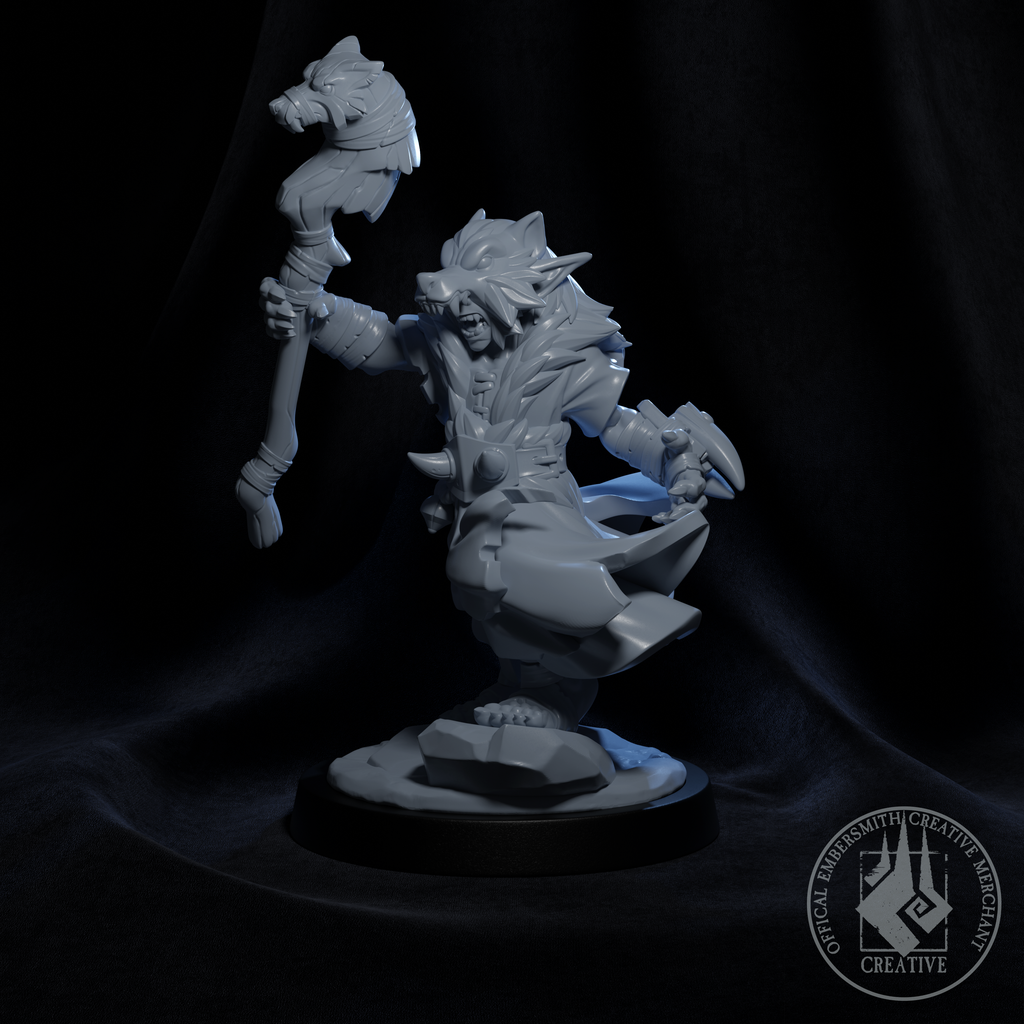 Resin Wolf Form Goblin Druid Miniature, 3D render, side view facing left. 