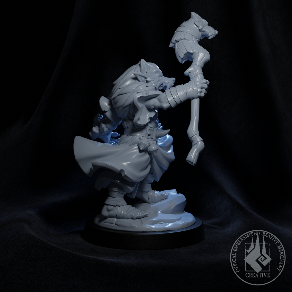 Resin Wolf Form Goblin Druid Miniature, 3D render, side view facing right.