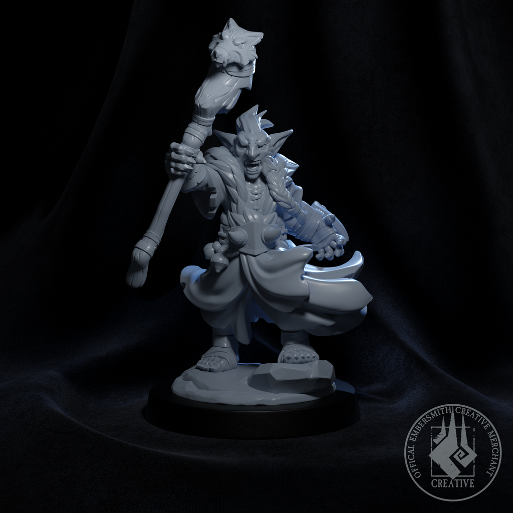 Resin Goblin Druid Miniature, 3D Render, Front View.