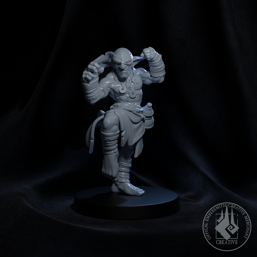 Resin Goblin Monk Miniature, 3D Render, Front View.