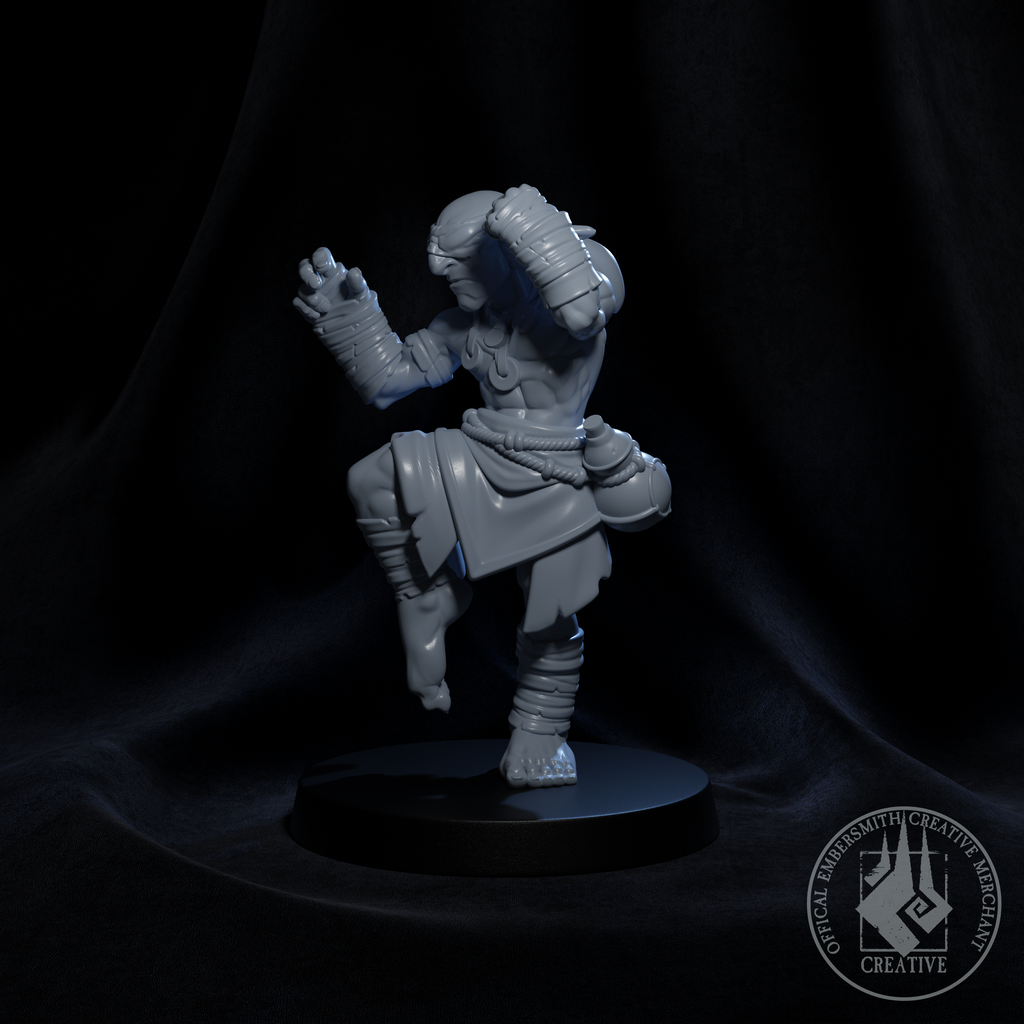 Resin Goblin Monk Miniature, 3D Render, Side View Facing Left. 