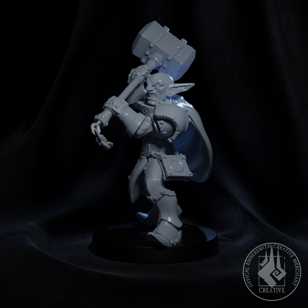Resin Goblin Paladin Miniature, 3D Render, Side View Facing Left.
