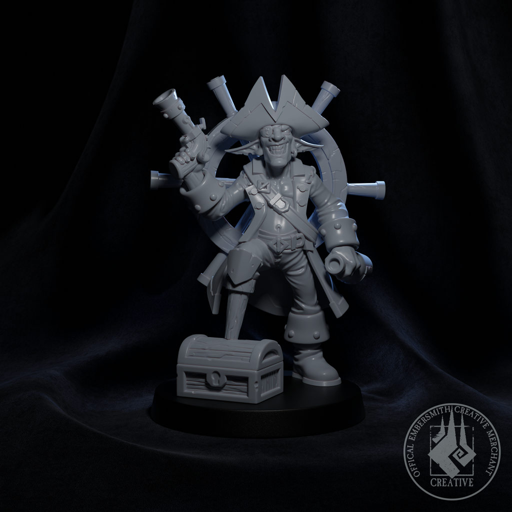 Resin Goblin Pirate Miniature, 3D Render, Front View.