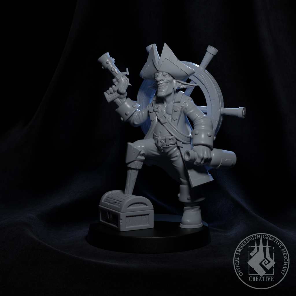 Resin Goblin Pirate Miniature, 3D Render, Side View Facing Left.