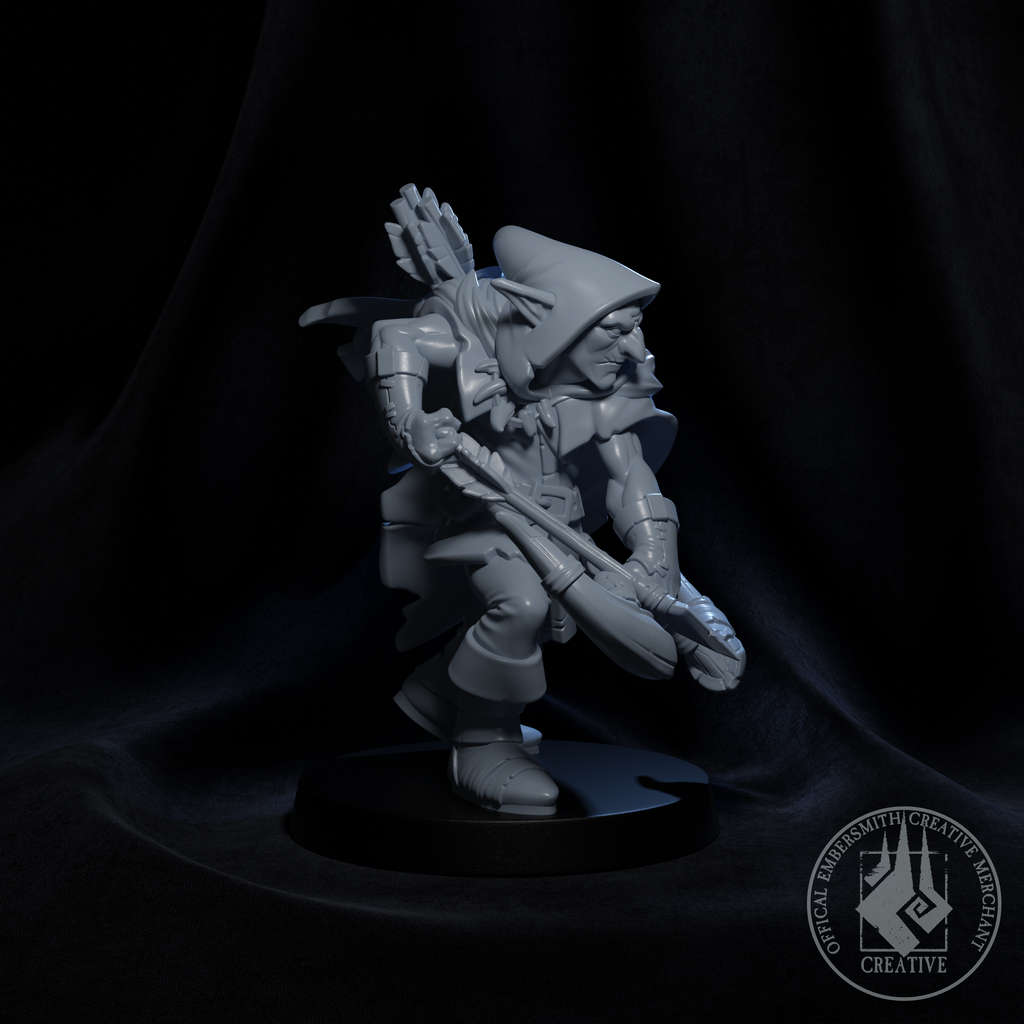 Resin Goblin Ranger Miniature, 3D Render, Side View Facing Right.