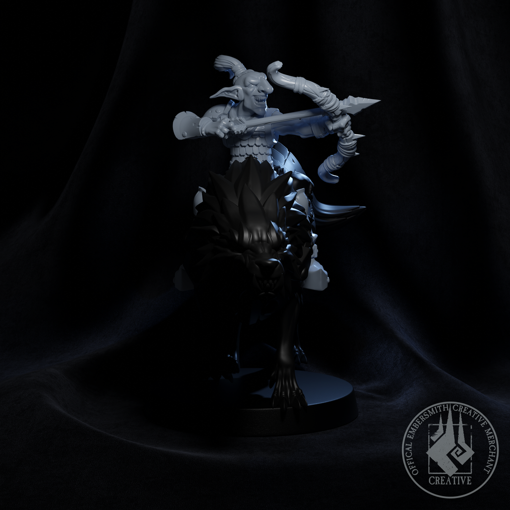 Resin Goblin Archer Rider Miniature with Wolf Mount Miniature (Pose 1), 3D Render, Front View.