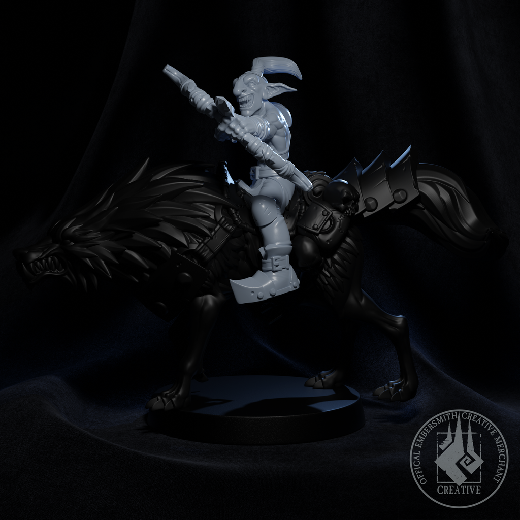 Resin Goblin Archer Rider Miniature with Wolf Mount Miniature, 3D Render, Side View.