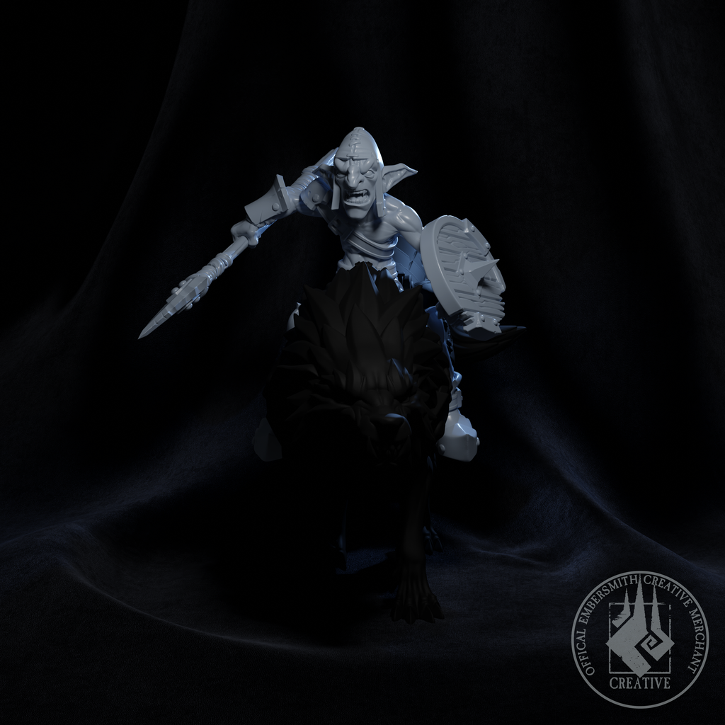 Resin Goblin Archer Rider Miniature with Wolf Mount Miniature (Pose 2), 3D Render, Front View.