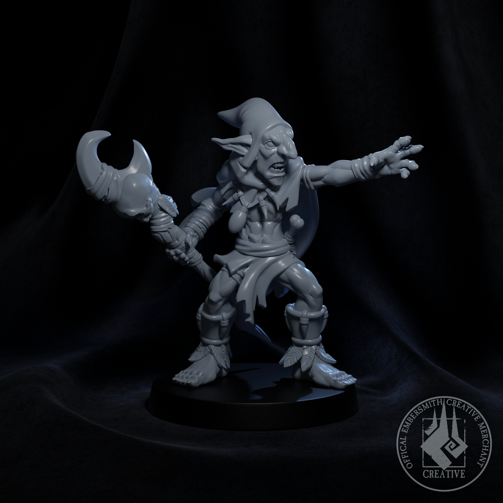 Resin Goblin Shaman Miniature, 3D Render, Front View.