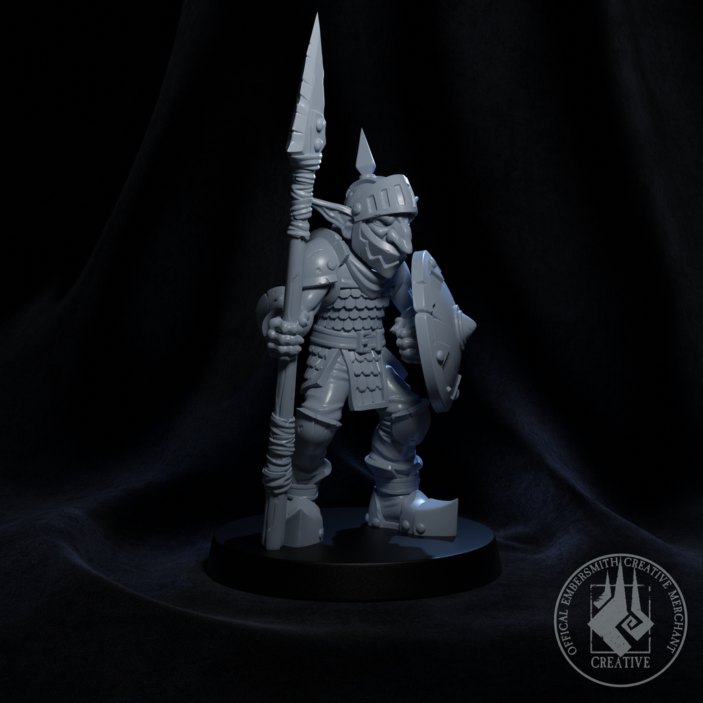 Resin Goblin Spearman Miniature (Pose 5), 3D Render, Front View.
