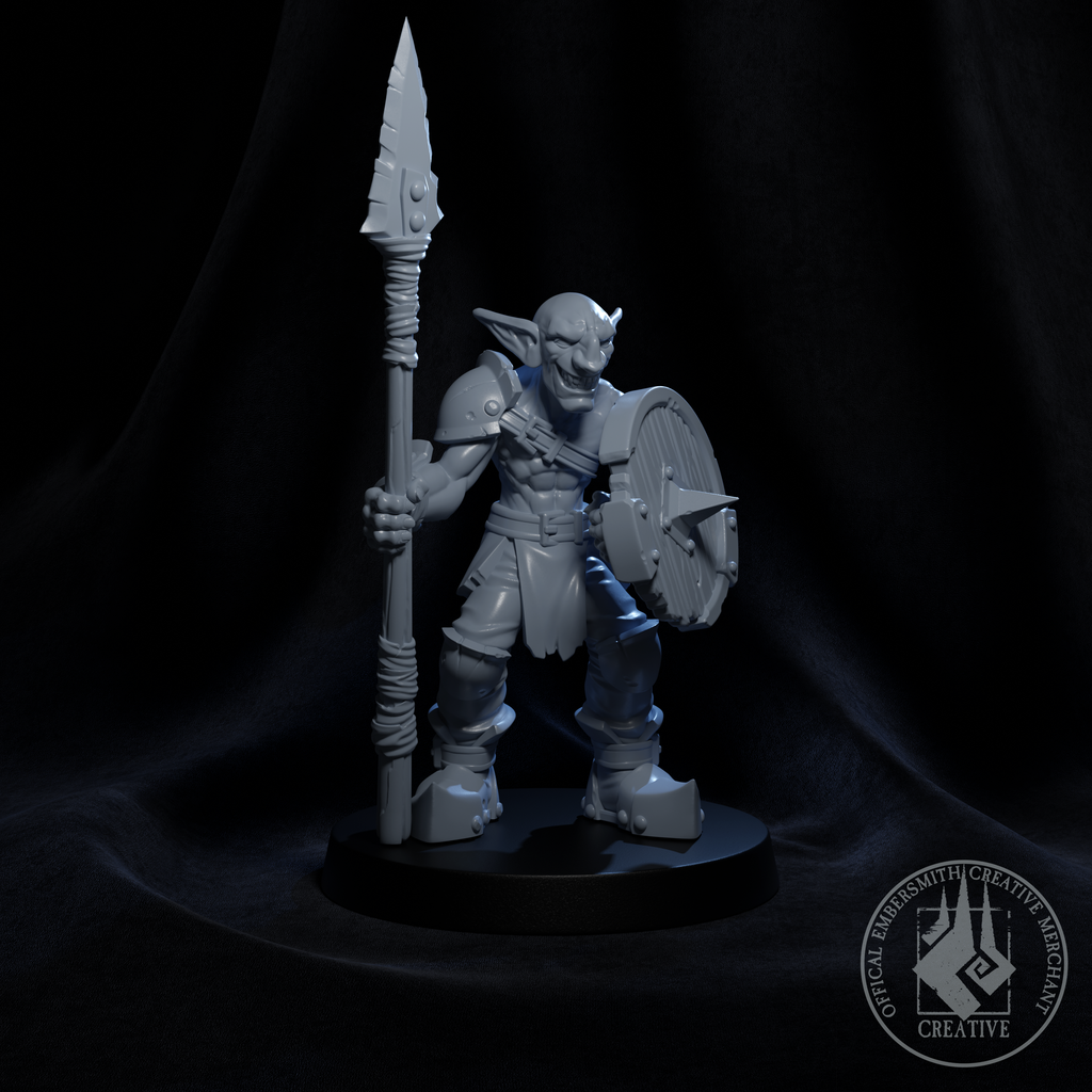 Resin Goblin Spearman Miniature (Pose 1), 3D Render, Front View.