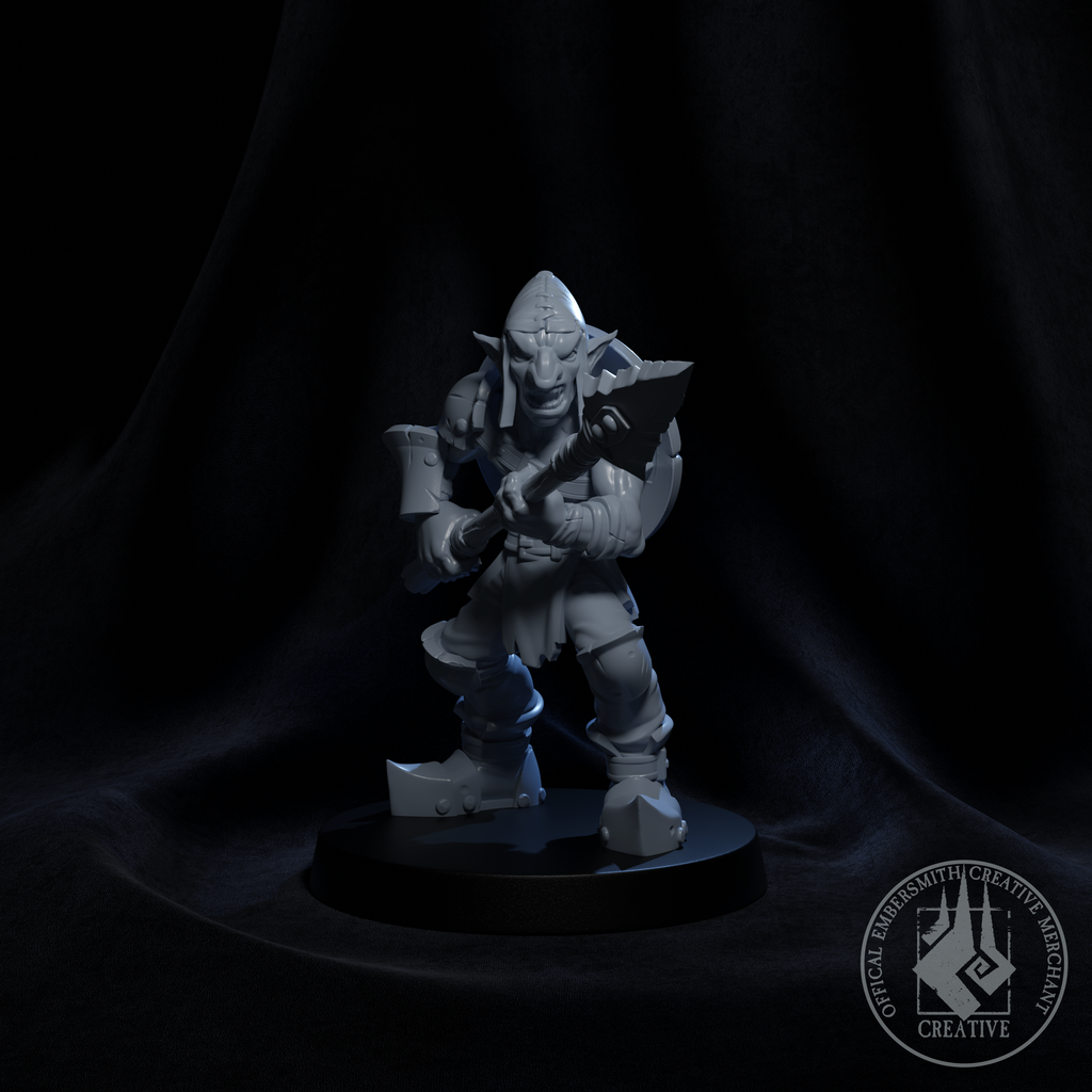 Resin Goblin Spearman Miniature (Pose 3), 3D Render, Front View.