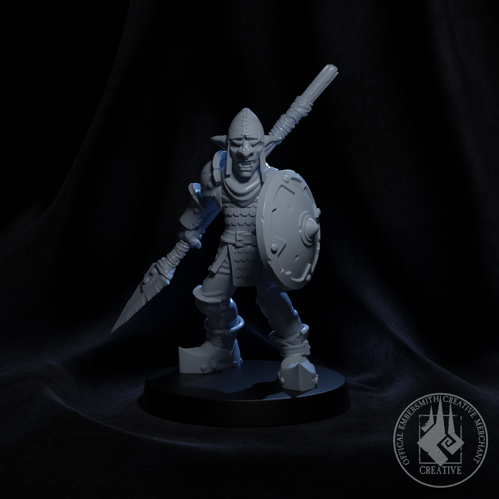 Resin Goblin Spearman Miniature (Pose 4), 3D Render, Front View.