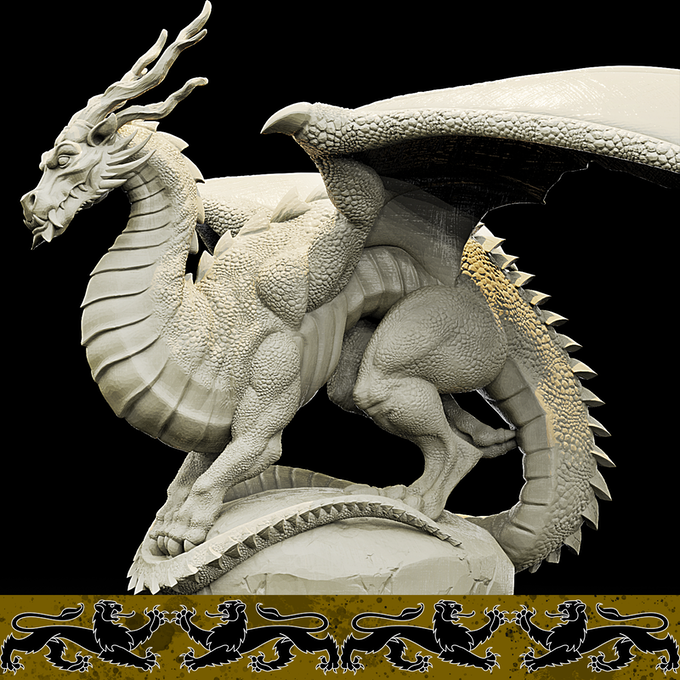 Resin Kaesin Dragon Miniature, 3D Render, Side View.