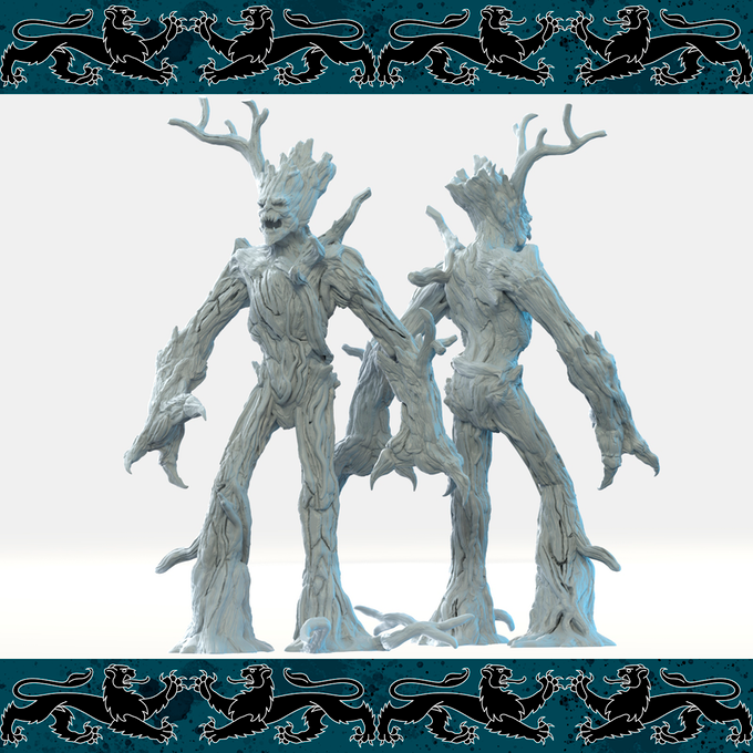 Resin Treefolk Miniature, 3D Render, Front and Back View.