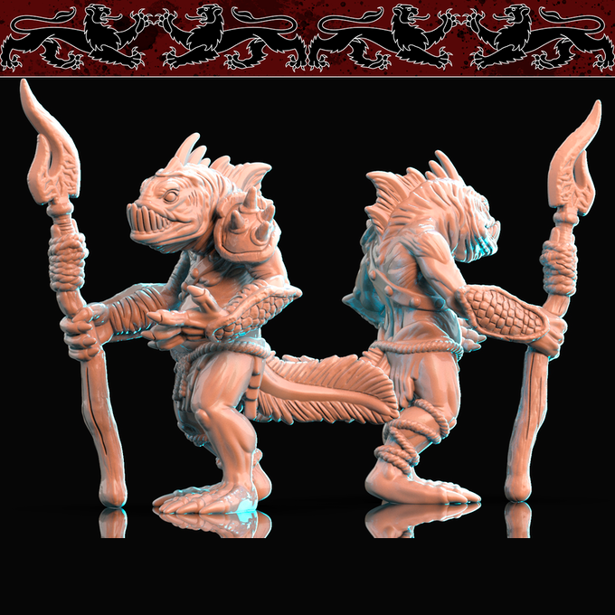Resin Fish Warrior Miniature (Pose 1), 3D Render, Front and Back View.
