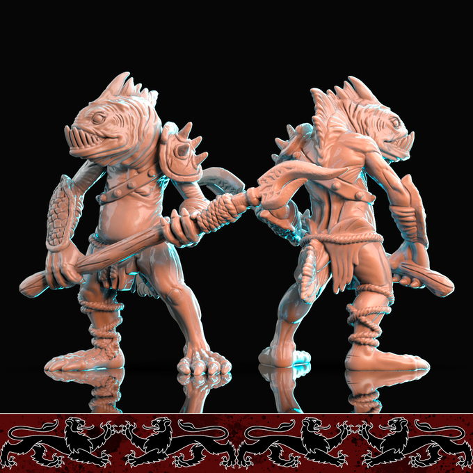 Resin Fish Warrior Miniature (Pose 2), 3D Render, Front and Back View.