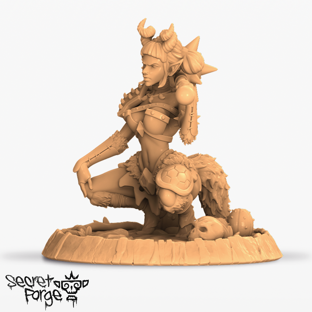 Resin Squatting Moxie Miniature, 3D Render, Front View Facing Left.