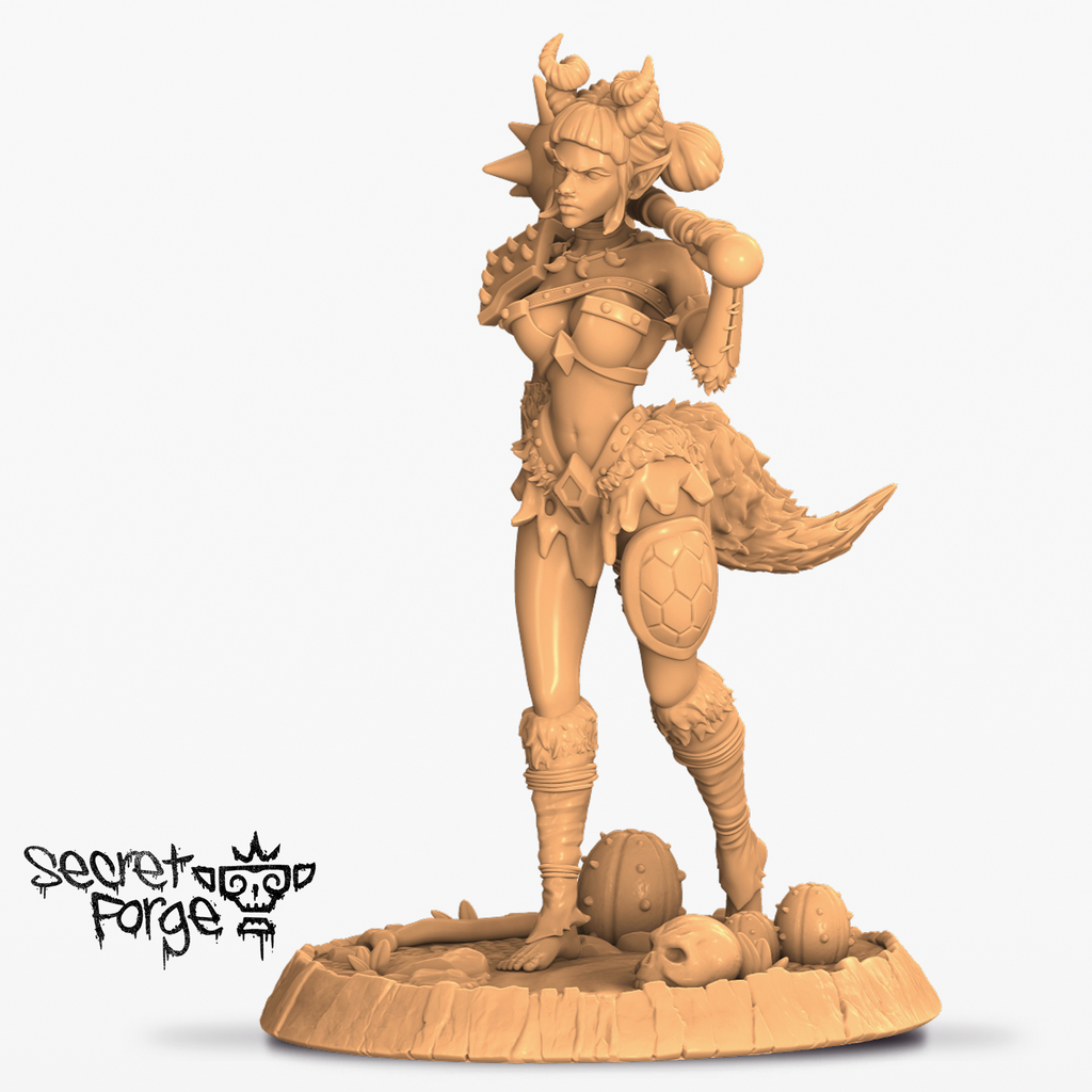 Resin Standing Moxie Miniature, 3D Render, Front View Facing Left.