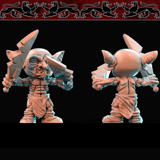 Resin Goblin Miniature with Daggers, 3D Render, Front and Back View.