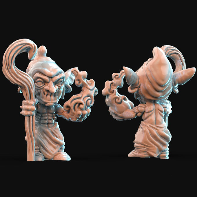 Resin Goblin Miniature with Staff, 3D Render, Front and Back View.