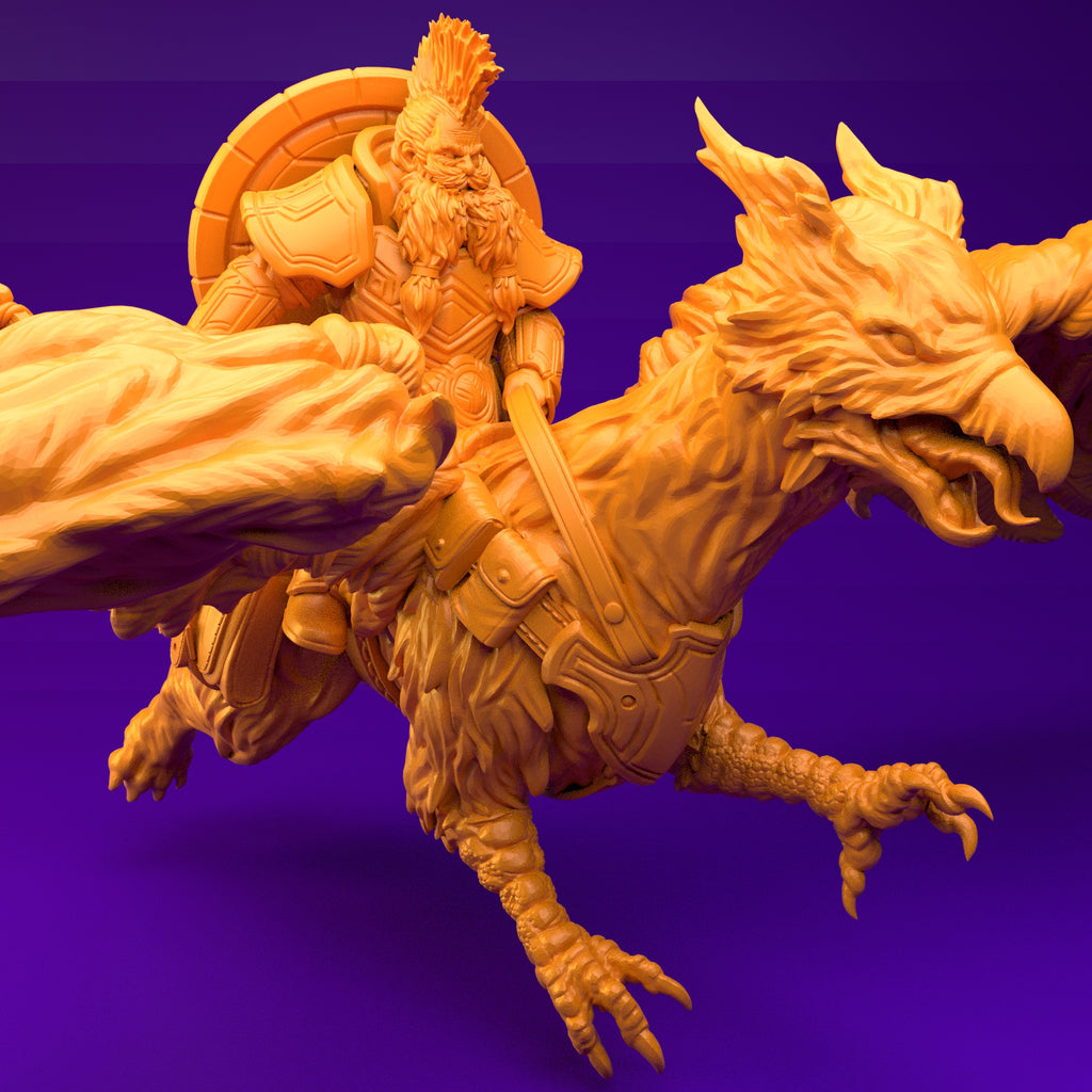 Resin Dwarf Riding a Griffin Miniature (Pose 1), 3D Render, Side View Facing Right.