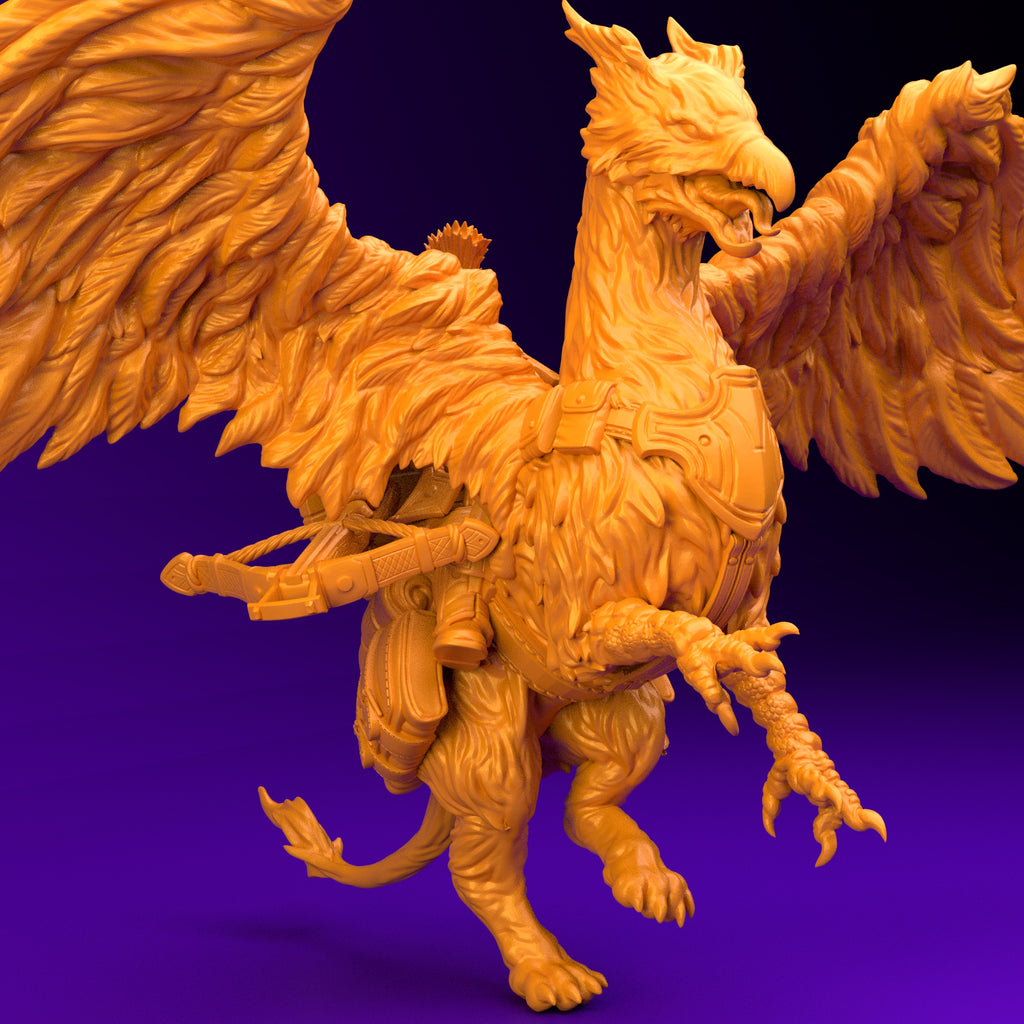 Resin Dwarf Riding a Griffin Miniature (Pose 2), 3D Render, Side View Facing Right.