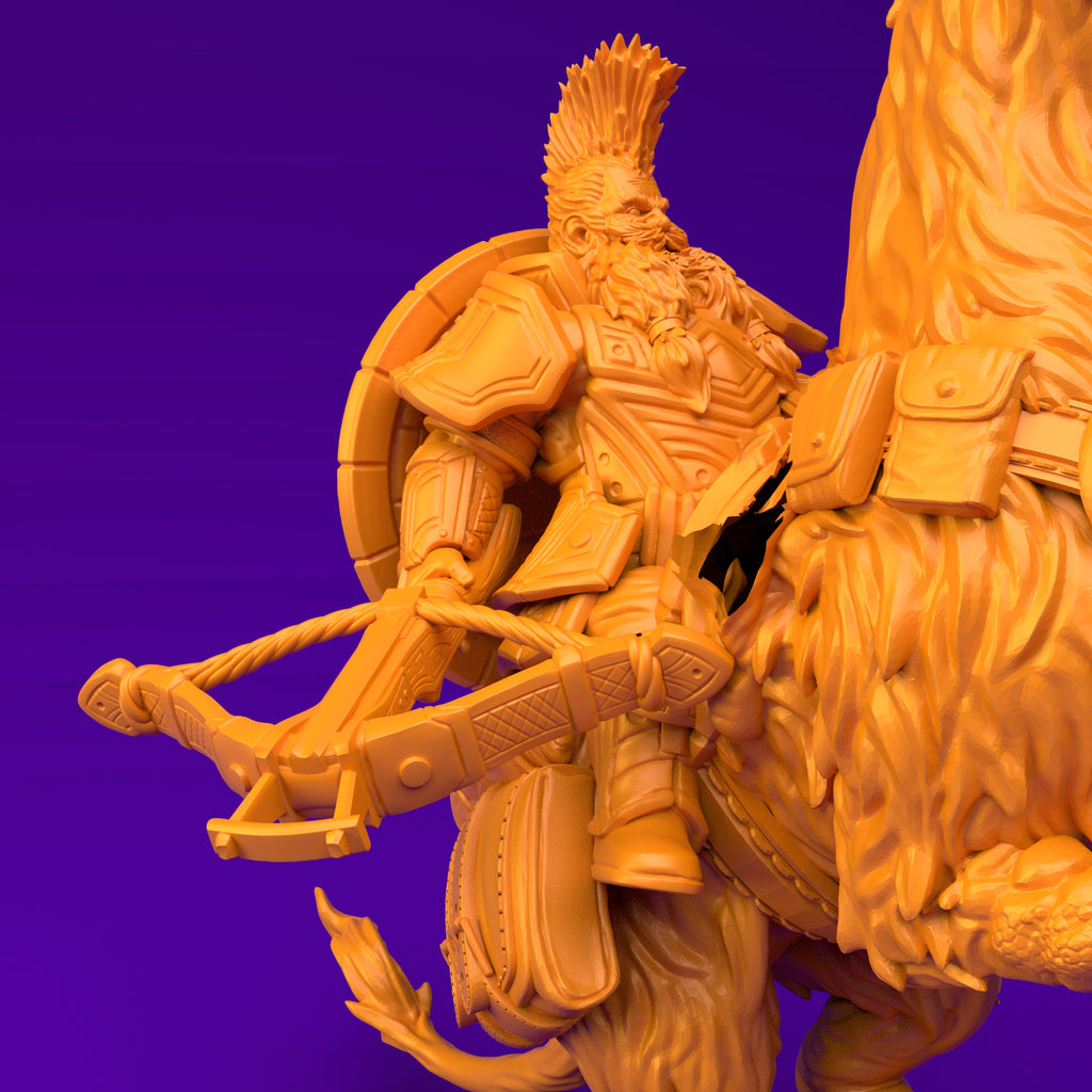 Resin Dwarf Riding a Griffin Miniature (Pose 2), 3D Render, Close Up Side View Facing Right.