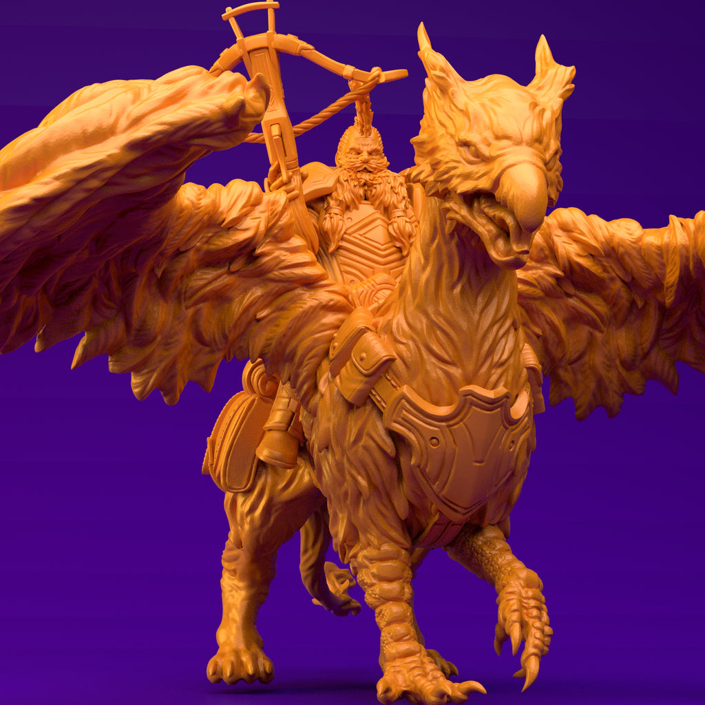 Resin Dwarf Riding a Griffin Miniature (Pose 3), 3D Render, Front View.