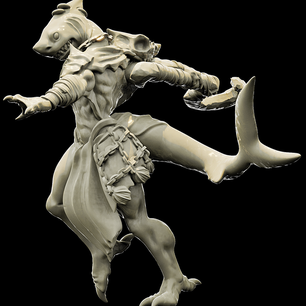 Resin Shark Goddess Miniature (Pose 2), 3D Render, Side View.