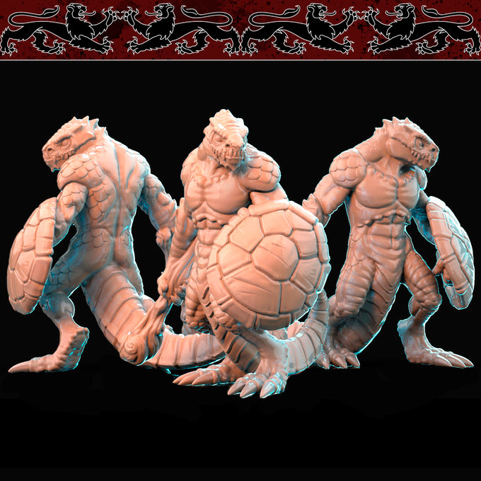 Resin Lizardfolk Miniature with Club (Pose 1), 3D Render, Front and Side Views.
