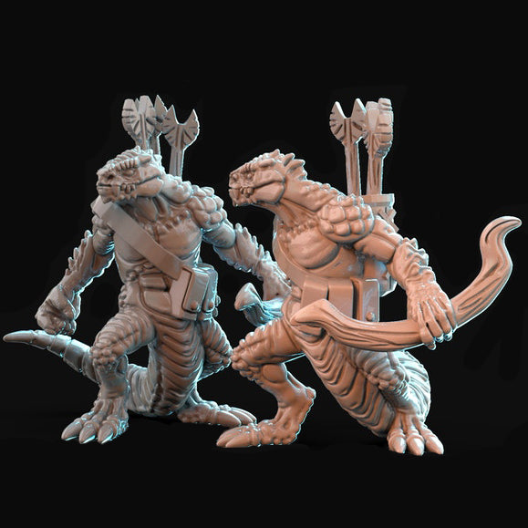 Resin Lizardfolk Miniature with Club (Pose 4), 3D Render, Front and Side Views.
