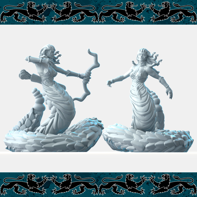 Resin Medusa Miniature (Pose 1 and 2), 3D Render, Front Views.