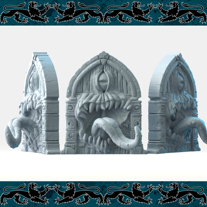 Resin Mimic Door Miniature, 3D Render, Front and Side Views. 