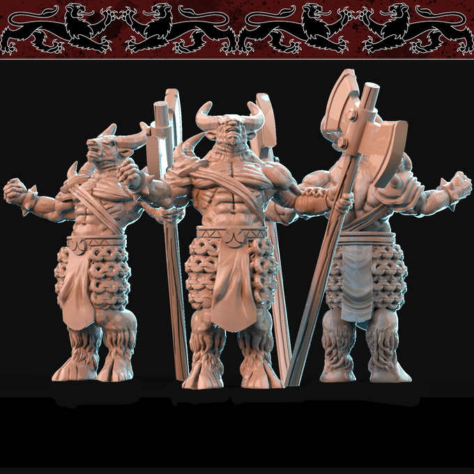 Resin Minotaur with Axe, 3D Render, Front and Side Views.