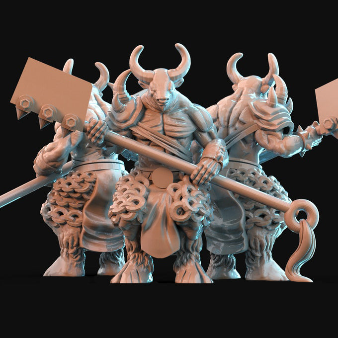 Resin Minotaur with Hammer, 3D Render, Front and Side Views.