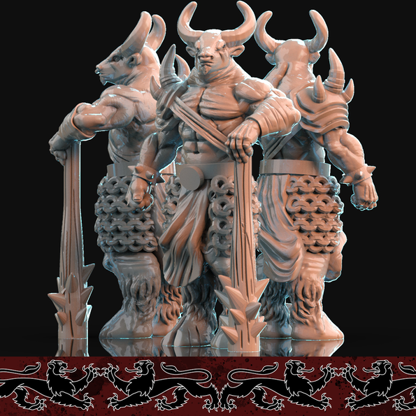 Resin Minotaur with Club, 3D Render, Front and Side Views. 